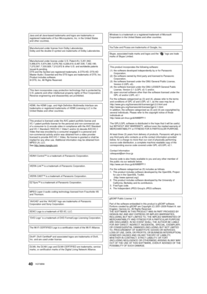 Page 4040VQT3B58
Java and all Java-based trademarks and logos are trademarks or 
registered trademarks of Sun Microsystems, Inc. in the United States 
and other countries.
Manufactured under license from Dolby Laboratories.
Dolby and the double-D symbol are trademarks of Dolby Laboratories.
Manufactured under license under U.S. Patent #’s: 5,451,942; 
5,956,674; 5,974,380; 5,978,762; 6,226,616; 6,487,535; 7,392,195; 
7,272,567; 7,333,929; 7,212,872 & other U.S. and worldwide patents 
issued & pending. 
DTS and...