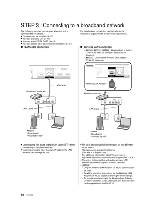 Page 1010VQT3B58
STEP 3 : Connecting to a broadband network
The following services can be used when this unit is 
connected to broadband.
≥Firmware can be updated  (>15)
≥ You can enjoy BD-Live ( >19)
≥ You can enjoy VIERA CAST (> 23)
≥ You can access other devices (Home Network) ( >24) For details about connection method, refer to the 
instructions supplied with the connected equipment.
∫
LAN cable connection ∫Wireless LAN connection
–[BDT310]  [BDT215]  [BDT210]  : Wireless LAN is built in. 
(There is no need...