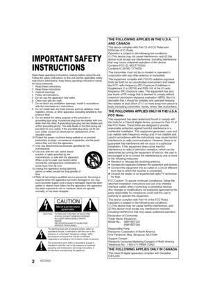 Page 22VQT3V22
Getting started
IMPORTANT SAFETY 
INSTRUCTIONS
Read these operating instructions carefully before using the unit. 
Follow the safety instructions on the unit and the applicable safety 
instructions listed below. Keep these operating instructions handy 
for future reference.
1 Read these instructions.
2 Keep these instructions.
3 Heed all warnings.
4 Follow all instructions.
5 Do not use this apparatus near water.
6 Clean only with dry cloth.
7 Do not block any ventilation openings. Install in...