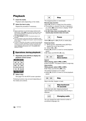 Page 1818VQT3V22
Playback
1Insert the media.
Playback starts depending on the media.
2Select the item to play.
Repeat this procedure if necessary.
	≥DISCS CONTINUE TO ROTATE WHILE MENUS ARE 
DISPLAYED. Select [∫] from the KEYS screen when you 
have finished playback to protect the unit’s motor, your 
television screen and so on.
≥ DivX 
[For_Canada] and MKV: Successive play is not 
possible.
≥ It is not possible to play back AVCHD and MPEG2 video 
which have been dragged and dropped, copied and pasted 
to the...