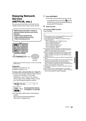 Page 21Playback
21VQT3V22
Enjoying Network 
Ser vice
(NETFLIX, etc.)
You can access information services from the 
VIERA Connect Home screen via the Internet.
* Images are for illustration purposes, contents may change without notice.
Preparation
≥Network connection ( >12)
≥ Network setting ( >13)
To enjoy video communication (ex. Skype
TM)  :
≥ Connect this unit with optional Communication 
Camera (TY-CC20W or TY-CC10W).
Depending on your location, this optional 
camera may not be available. Please consult...