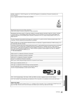 Page 41Reference
41VQT3V22
“AVCHD”, “AVCHD 3D”, “AVCHD Progressive” and “AVCHD 3D/Progressive” are trademarks of Panasonic Corporation and 
Sony Corporation.
Java is a registered trademark of Oracle and/or its affiliates.
VIERA Connect is a trademark of Panasonic Corporation.
The Wi-Fi CERTIFIED Logo is a certification mark of the Wi-Fi Alliance.
The Wi-Fi Protected Setup Mark is a mark of the Wi-Fi Alliance.
“Wi-Fi”, “Wi-Fi Protected Setup”, “Wi-Fi Direct”, “WPA” and “WPA2” are marks or registered marks of the...