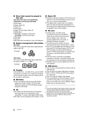 Page 66VQT3V22
∫Discs that cannot be played in 
this unit
Any other disc that is not specifically 
supported or previously described.
≥DVD-RAM
≥ Super Audio CD
≥ Photo CD
≥ DVD-Audio
≥ Video CD and Super Video CD
≥ WMA discs
≥ [For_U.S.A.]
 : All types of DivX discs
[For_Canada] : DivX Plus HD discs
≥ PAL discs
≥ HD DVD
≥BD-Video discs recorded at a rate of 50 fields/sec
∫ Region management information
BD-Video
This unit can play BD-Video discs supporting the 
region code “A” .
DVD-Video
This unit can play...
