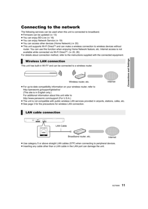 Page 1111SQT0080
Connections and Settings
Connecting to the network
The following services can be used when this unit is connected to broadband.
≥ Firmware can be updated  (> 13)
≥ You can enjoy BD-Live ( >18)
≥ You can enjoy Network Service ( >19)
≥ You can access other devices (Home Network) ( >20)
≥ This unit supports Wi-Fi Direct
TM and can make a wireless connection to wireless devices without 
router. You can use this function when enjoying Home  Network feature, etc. Internet access is not 
available...