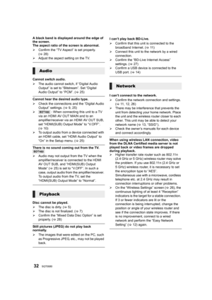 Page 3232SQT0080
A black band is displayed around the edge of 
the screen.
The aspect ratio of the screen is abnormal.
¾Confirm the “TV Aspect” is set properly. 
(>28)
¾ Adjust the aspect setting on the TV.
Cannot switch audio.
¾The audio cannot switch, if “Digital Audio 
Output” is set to “Bitstream”. Set “Digital 
Audio Output” to “PCM”. ( >25)
Cannot hear the desired audio type.
¾ Check the connections and the “Digital Audio 
Output” settings. ( >9, 25)
¾ [BDT460]  : When connecting this unit to a TV 
via an...