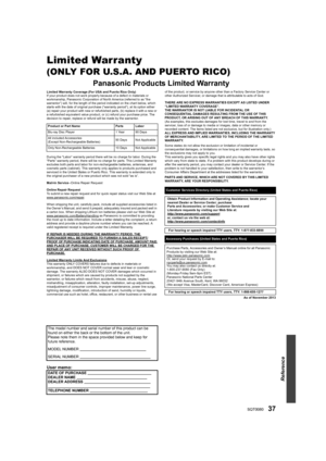 Page 3737SQT0080
Reference
Limited Warranty 
(ONLY FOR U.S.A. AND PUERTO RICO)
Panasonic Products Limited Warranty
Limited Warranty Coverage (For USA and Puerto Rico Only)
If your product does not work properly because of a defect in materials or 
workmanship, Panasonic Corporation of North America (referred to as “the 
warrantor”) will, for the length of the period indicated on the chart below, which 
starts with the date of original purchase (“warranty period”), at its option either 
(a) repair your product...