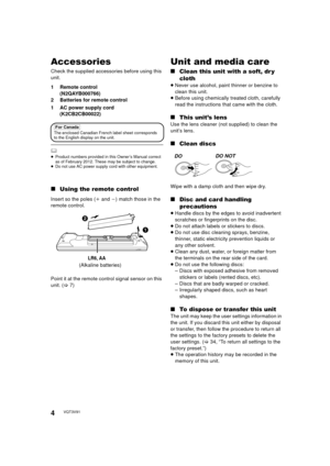 Page 44VQT3V91
Accessories
Check the supplied accessories before using this 
unit.
1 Remote control (N2QAYB000766)
2 Batteries for remote control
1 AC power supply cord (K2CB2CB00022)
	≥Product numbers provided in this Owner’s Manual correct 
as of February 2012. These may be subject to change.
≥ Do not use AC power supply cord with other equipment.
∫ Using the remote control
Insert so the poles (i and j) match those in the 
remote control.
Point it at the remote control signal sensor on this 
unit. ( >7)
Unit...