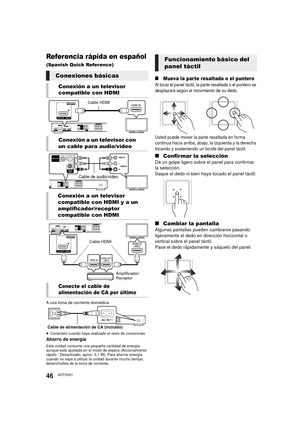 Page 4646VQT3V91
Referencia rápida en español
(Spanish Quick Reference)
≥Conéctelo cuando haya realizado el resto de conexiones.
Ahorro de energía
Esta unidad consume una pequeña cantidad de energía 
aunque esté ajustada en el modo de espera (Accionamiento 
rápido : Desactivado, aprox. 0,1 W). Para ahorrar energía 
cuando no vaya a utilizar la unidad durante mucho tiempo, 
desenchúfela de la toma de corriente.
∫Mueva la parte resaltada o el puntero
Al tocar el panel táctil, la parte resaltada o el puntero se...