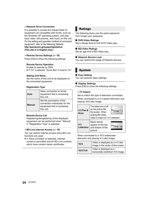 Page 2424VQT4M33
¾Network Drive Connection
It is possible to access the shared folder of 
equipment not compatible with DLNA, such as 
the Windows XP operating system, and play 
back video, still pictures, and music on this unit.
For the setting and operation method of connected 
equipment, refer to the following Website. 
http://panasonic.jp/support/global/cs/
(This site is in English only.)
¾ Remote Device Settings ( >18)
Press [OK] to show the following settings:
Remote Device Operation
Enable to operate by...