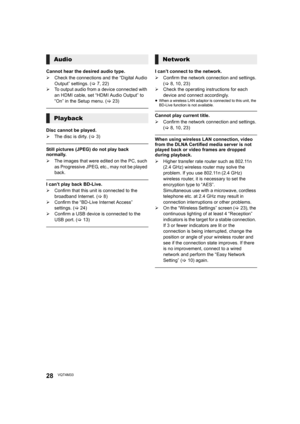 Page 2828VQT4M33
Cannot hear the desired audio type.
¾Check the connections and the “Digital Audio 
Output” settings. ( >7, 22)
¾ To output audio from a device connected with 
an HDMI cable, set “HDMI Audio Output” to 
“On” in the Setup menu. ( >23)
Disc cannot be played.
¾ The disc is dirty. ( >3)
Still pictures (JPEG) do not play back 
normally.
¾ The images that were edited on the PC, such 
as Progressive JPEG, etc., may not be played 
back.
I can’t play back BD-Live.
¾Confirm that this unit is connected to...