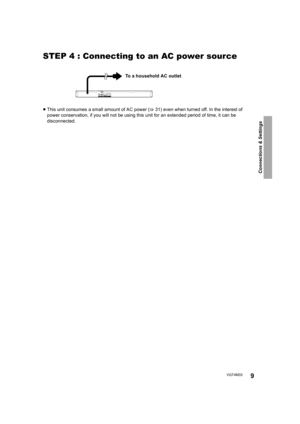 Page 9Connections & Settings
9VQT4M33
STEP 4 : Connecting to an AC power source
≥This unit consumes a small amount of AC power ( >31) even when turned off. In the interest of 
power conservation, if you will not be using this  unit for an extended period of time, it can be 
disconnected.
To a household AC outlet 
