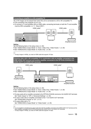 Page 13Getting started
13TQBA2018
3D or 4K images can be played back when this unit is connected to a 3D or 4K compatible TV.
≥ This connection only supports up to 5.1ch.
≥ To connect a TV and amplifier with an HDMI cable, connecting terminals on both the TV and amplifier 
must be ARC-compatible. ( >11, “About ARC”)
Connecting an amplifier to a 4K-compatible TV
Setting
Set the following items in the setup menu ( >29):
≥ Set “HDMI(VIDEO) Output Mode” to “Auto ( Video Only / Video+Audio )”. ( >29)
≥ Set...