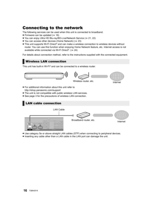 Page 1616TQBA2018
Connecting to the network
The following services can be used when this unit is connected to broadband.
For details about connection method, refer to the instructions supplied with the connected equipment.
≥ For additional information about this unit refer to
http://shop.panasonic.com/support
≥ The unit is not compatible with public wireless LAN services.
≥ See page 3 for the precautions  of wireless LAN connection.
≥ Use category 5e or above strai ght LAN cables (STP) when conne cting to...