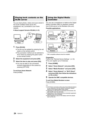 Page 2424TQBA2018
You can share photos, videos and music stored in 
the DLNA Certified media server [PC, 
smartphone, etc.] connected to your home 
network.
≥About support format of DLNA ( >41)
1Press [DLNA].
≥The list can be updated by pressing the red 
button on the remote control.
≥ The connection method can be switched to 
Wi-Fi Direct by pressing the green button 
on the remote control.
2Select the equipment and press [OK].
3Select the item to play and press [OK].
≥You may be able to use convenient...