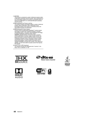 Page 4444TQBA2018
(1) MS/WMA
This product is protected by certain intellectual property rights 
of Microsoft Corporation and third parties. Use or distribution of 
such technology outside of this product is prohibited without a 
license from Microsoft or an authorized Microsoft subsidiary 
and third parties.
(2) MS/PlayReady/Final Product Labeling This product contains technology subject to certain intellectual 
property rights of Microsoft. Use or distribution of this 
technology outside of this product is...