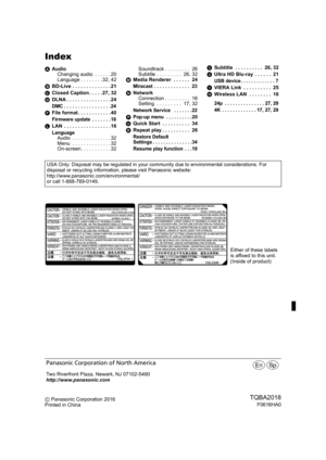 Page 48Index
AAudio
Changing audio  . . . . . . 20
Language . . . . . . . . 32, 42
B BD-Live . . . . . . . . . . . . . . 21
C Closed Caption . . . . . 27, 32
D DLNA . . . . . . . . . . . . . . . . 24
DMC. . . . . . . . . . . . . . . . .24
FFile format . . . . . . . . . . . . 40
Firmware update . . . . . . .18
LLAN  . . . . . . . . . . . . . . . . . 16
LanguageAudio  . . . . . . . . . . . . . . 32
Menu  . . . . . . . . . . . . . . 32
On-screen. . . . . . . . . . . 32 Soundtrack . . . . . . . . .  26
Subtitle . ....