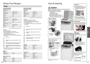 Page 14EN26EN27
Care & cleaning
 Caution:
Unplug your breadmaker and allow it to cool down before cleaning.
 To avoid damaging your breadmaker...
   Do not use abrasives, such as cleansers,   
scouring pads etc.
 
   Do not wash any part of your  
breadmaker in the dishwasher.
 
   Do not use benzine, thinners, or alcohol.
 
     After rinsing the washable parts, wipe with cloth.   
Always keep the breadmaker parts clean and dry.
•    The color of the inside of the machine may 
change with use.
Dispenser...