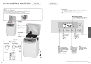 Page 5EN8EN9
Raisin nut dispenser
Place the extra ingredients in the raisin nut dispenser if you wish to a\
dd them in. 
The raisin nut dispenser will open automatically for all programs. 
Turn to P. EN15 for ingredients which may be placed in the raisin nut dispenser.
Accessories/Parts Identification Main Unit
Accessories
Measuring cupTo measure out liquids
Menu label Measuring spoon
To measure out sugar, salt, yeast, etc.
(15 mL/
1⁄2 oz.)
(5 mL/1⁄6 oz.)
Tablespoon
• 1⁄2 marking Teaspoon•  1⁄4, 1⁄2, 3⁄4...