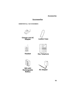 Page 23Accessories
19
Accessories
ADDITIONAL ACCESSORIES
Charger and AC 
Adapter
 
Leather Case
Headset
Key Telephone
500 mAH 
Rechargeable 
BatteryAC Adapter
900 MHz User Guide.book  Page 19  Friday, September 28, 2001  12:11 PM 