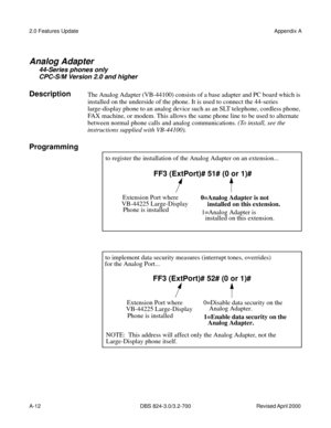 Page 2492.0 Features UpdateAppendix A
A-12     DBS 824-3.0/3.2-700 Revised April 2000 
 
Analog Adapter
44-Series phones only
CPC-S/M Version 2.0 and higher
DescriptionThe Analog Adapter (VB-44100) consists of a base adapter and PC board which is 
installed on the underside of the phone. It is used to connect the 44-series 
large-display phone to an analog device such as an SLT telephone, cordless phone, 
FAX machine, or modem. This allows the same phone line to be used to alternate 
between normal phone calls...