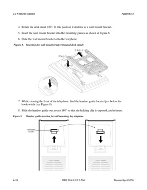 Page 2612.0 Features UpdateAppendix A
A-24     DBS 824-3.0/3.2-700 Revised April 2000 
 
4.  Rotate the desk stand 180°. In this position it doubles as a wall mount bracket.
5.  Insert the wall mount bracket into the mounting guides as shown in Figure 8.
6.  Slide the wall mount bracket onto the telephone.
 Figure 8. Inserting the wall mount bracket (rotated desk stand) 
7.  While viewing the front of the telephone, find the handset guide located just below the 
hookswitch (see Figure 8).
8.  Slide the handset...