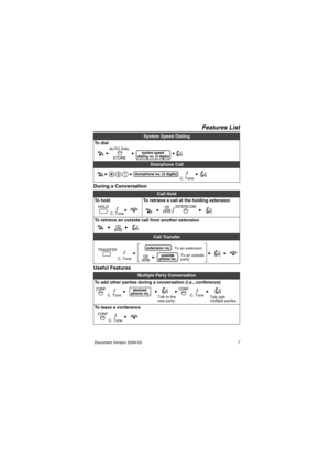 Page 7Features List
Document Version 2009-03                                                                                         7
During a Conversation
Useful Features
System Speed Dialing
To  d i a l
Doorphone Call
Call Hold
To hold To retrieve a call at the holding extension
To retrieve an outside call from another extension
Call Transfer
Multiple Party Conversation
To add other parties during a conversation (i.e., conference)
 
To leave a conference
STORE AUTO DIALsystem speed  
dialing no. (3 digits)...