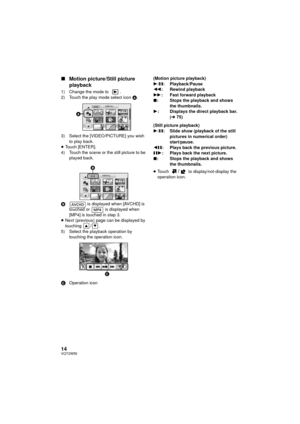 Page 1414VQT2W55
∫Motion picture/Still picture 
playback
1) Change the mode to  .
2) Touch the play mode select icon  A.
3) Select the [VIDEO/PICTURE] you wish  to play back.
≥ Touch [ENTER].
4) Touch the scene or the still picture to be  played back.
B  is displayed when [AVCHD] is 
touched or   is displayed when 
[MP4] is touched in step 3.
≥ Next (previous) page can be displayed by 
touching / .
5) Select the playback operation by  touching the operation icon.
COperation icon (Motion picture playback)
1
/;:...