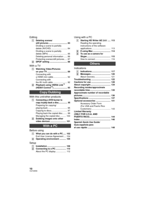 Page 1010VQT2W55
Editing
[1]Deleting scenes/
still pictures ................................ 83
Dividing a scene to partially 
delete (AVCHD) ........................... 84
Dividing a scene to partially 
delete (MP4) ................................ 85
Deleting personal information ...... 86
Protecting scenes/still pictures..... 87
[2] DPOF setting .............................. 88
With a TV
[1]Watching Video/Pictures 
on your TV .................................. 89
Connecting with
a HDMI mini...