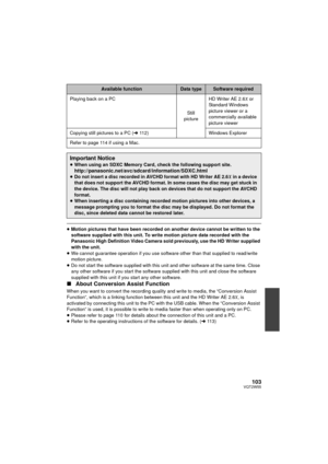 Page 103103VQT2W55
≥Motion pictures that have been recorded on another device cannot be written to the 
software supplied with this unit. To write motion picture data recorded with the 
Panasonic High Definition Video Camera sold previously, use the HD Writer supplied 
with the unit.
≥ We cannot guarantee operation if you use software other than that supplied to read/write 
motion picture.
≥ Do not start the software supplied with this unit and other software at the same time. Close 
any other software if you...