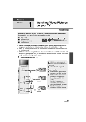 Page 8989VQT2W55
Advanced
With a TV
1
Watching Video/Pictures 
on your TV
≥Use the supplied AV multi cable. Check the output settings when connecting the 
component terminal or the video terminal with the AV multi cable. ( l92)
≥ Use of the following Panasonic HDMI mini cables is recommended to connect the unit to 
the HDMI terminal.
≥ HDMI is the interface for digital devices. If you connect this unit to a HDMI compatible high 
definition TV and then play back the recorded high definition images, you can enjoy...