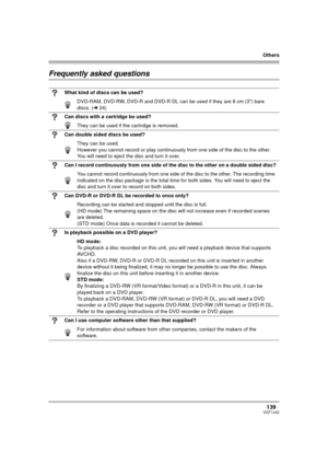 Page 139Others
139VQT1J42
Frequently asked questions
What kind of discs can be used?
DVD-RAM, DVD-RW, DVD-R and DVD-R DL can be used if they are 8 cm (3q) bare 
discs. (l24)
Can discs with a cartridge be used?
They can be used if the cartridge is removed.
Can double sided discs be used?
They can be used. 
However you cannot record or play continuously from one side of the disc to the other. 
You will need to eject the disc and turn it over.
Can I record continuously from one side of the disc to the other on a...