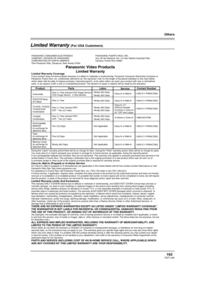 Page 163Others
163VQT1J42
Limited Warranty (For USA Customers)
Panasonic Video Products 
Limited Warranty 
Product
Camcorder
DVD/VCR Deck,
A/V Mixer 
TV/VCR, TV/DVD,
TV/DVD/VCR
Combination 
TV/HDR
Combination
Rechargeable
Batteries
(in exchange for
defective item)  
Tape
(in exchange for
defective item)   
Memory Cards
(in exchange for
defective item)   
LaborNinety (90) Days 
Ninety (90) Days 
Ninety (90) Days 
Ninety (90) Days 
Ninety (90) Days 
Ninety (90) Days 
Ninety (90) Days 
Not Applicable 
Not...