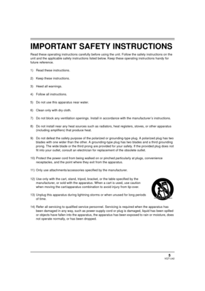 Page 55VQT1J42
IMPORTANT SAFETY INSTRUCTIONS
Read these operating instructions carefully before using the unit. Follow the safety instructions on the 
unit and the applicable safety instructions listed below. Keep these operating instructions handy for 
future reference.
1) Read these instructions.
2) Keep these instructions.
3) Heed all warnings.
4) Follow all instructions.
5) Do not use this apparatus near water.
6) Clean only with dry cloth.
7) Do not block any ventilation openings. Install in accordance...