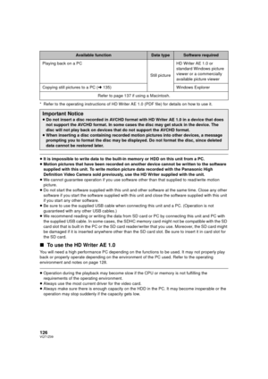 Page 126126VQT1Z09
* Refer to the operating instructions of HD Writer AE 1.0 (PDF file) for details on how to use it.
≥It is impossible to write data to the built-in memory or HDD on this unit from a PC.
≥ Motion pictures that have been recorded on another device cannot be written to the software 
supplied with this unit. To write motion picture data recorded with the Panasonic High 
Definition Video Camera sold previously, use the HD Writer supplied with the unit.
≥ We cannot guarantee operation if you use...