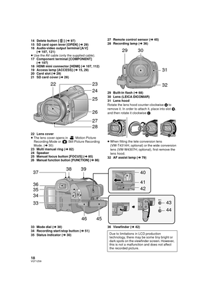 Page 1818VQT1Z09
14 Delete button [ ] (l97)
15 SD card open lever [OPEN] ( l29)
16 Audio-video output terminal [A/V]  (l107, 121)
≥ Use the AV cable (only the supplied cable).
17 Component terminal [COMPONENT]  (l107)
18 HDMI mini connector [HDMI] ( l107, 112)
19 Access lamp [ACCESS] ( l15, 29)
20 Card slot ( l29)
21 SD card cover ( l29)
22 Lens cover
≥ The lens cover opens in   Motion Picture 
Recording Mode or   Still Picture Recording 
Mode. ( l30)
23 Multi manual ring ( l82)
24 Speaker
25 Manual focus...