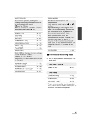 Page 3737VQT1Z09
Still Picture Recording Mode
*1 It is not displayed when the Intelligent Auto Mode is on.
≥ For any other menus that are not described 
above, refer to menus with the same names for 
the Motion Picture Recording Mode.
[ALERT SOUND]
Touch screen operation, starting and 
stopping of recording and power on/off can 
be confirmed with this sound.
2 Beeps for 4 times
When an error occurs. Check the sentence 
displayed on the screen. (
l141)
[POWER LCD] (l 41)
[LCD SET] (l 41)
[EVF SET] (l 43)...