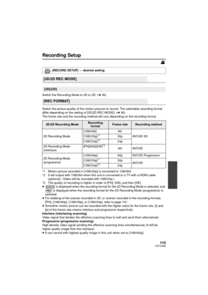 Page 11511 5VQT3U98
Recording Setup
Switch the Recording Mode to 3D or 2D. (l36)
Switch the picture quality of the motion pictures to record. The selectable recording format 
differ depending on the setting of [3D/2D REC MODE]. ( l36)
The frame rate and the recording method will vary depending on the recording format.
*1 Motion picture recorded in [1080/30p] is converted to 1080/60i.
*2 It will output with 1080/60i when this unit is connected to a TV with a HDMI cable  (optional). (Video will be recorded with...