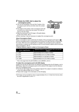 Page 4040VQT3U98
2Rotate the CONV. dial to adjust the 
convergence point.
≥This can be set between C00 and C99. Position of the 
convergence point will be set further when the number 
is larger.
≥ The subject at the position of the convergence point will 
not shoot out or recess from the screen. (It is seen as 
same as the 2D image)
≥ Adjust by checking on the 3D image or 3D guide display 
on the LCD monitor. ( l41)
≥ When zooming, it may be necessary to readjust the convergence point.
About Convergence...