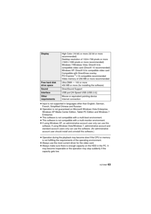 Page 63 VQT3N87 63
≥Input is not supported in languages other than English, German, 
French, Simplified Chinese and Russian.
≥ Operation is not guaranteed on Microsoft Windows Vista Enterprise, 
Windows XP Media Cente r Edition, Tablet PC Edition and Windows 7 
Enterprise.
≥ This software is not compatible with a multi-boot environment.
≥ This software is not compatible with a multi-monitor environment.
≥
If using Windows XP, an administrative account user only can use this 
software. If using Windows...