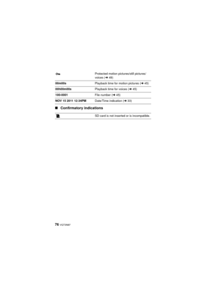 Page 7676 VQT3N87
∫Confirmatory indications
Protected motion pictures/still pictures/
voices ( l49)
00m00s Playback time for motion pictures ( l45)
00h00m00s Playback time for voices (l45)
100-0001 File number (l45)
NOV 15 2011 12:34PM Date/Time indication (l33)
SD card is not inserted or is incompatible.
HM-TA20&TA2_P&PC-VQT3N87_mst.book  76 ページ  ２０１１年４月２２日　金曜日　午後１２時１１分 