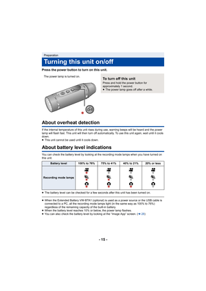 Page 15- 15 -
Press the power button to turn on this unit.
About overheat detection
If the internal temperature of this unit rises during use, warning beeps will be heard and the power 
lamp will flash fast. This unit will then turn off automatically. To use this unit again, wait until it cools 
down.
≥ This unit cannot be used until it cools down.
About battery level indications
You can check the battery level by looking at the recording mod e lamps when you have turned on 
this unit.
≥ The battery level can...