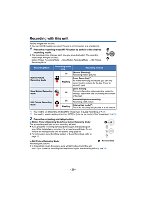 Page 29- 29 -
Recording with this unit
Record images with this unit.
≥You can record images even when this unit is not connected to a  smartphone.
1Press the recording mode/Wi-Fi button to switch to the desired 
recording mode.
≥The recording mode changes each  time you press the button. The recording 
mode lamps will light (or flash).
Motion Picture Recording Mode  # Slow Motion Recording Mode  # Still Picture 
Recording Mode
*1 You need to set [Recording Mode] of the “Image App” to [Loop  Recording]. (l32)
*2...