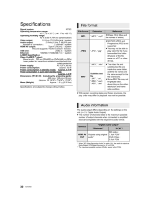 Page 3030VQT3A92
Specifications
Signal system: NTSC
Operating temperature range:
i5 oC to  i35  oC ( i41  oF to  i95  oF)
Operating humidity range: 10 % to 80 % RH (no condensation)
Video output: 1.0 Vp-p (75≠)/Pinjack:1system
Audio output: 2 Vrms (1 kHz, 0 dB)/Pin jack
Number of connectors : 2 channel:1 system
HDMI AV output: Type A (19 pin) : 1 system
This unit supports “HDAVI Control1” function.
USB slot: USB2.0 : 1 system
Ethernet:  10BASE-T/100BASE-TX : 1 system
LASER Specification
Class  I LASER Product:...