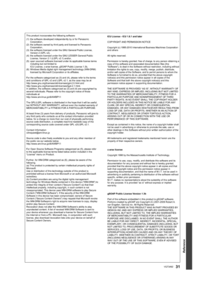 Page 31Reference
31VQT3A92
This product incorporates the following software:
For the software categorized as (3) and (4), please refer to the ter\
ms 
and conditions of GPL v2 and LGPL v2.1, as the case may be at 
http://www.gnu.org/licenses/old-licenses/gpl-2.0.html and 
http://www.gnu.org/licenses/old-licenses/lgpl-2.1.html.
In addition, the software categorized as (3) and (4) are copyrighted\
 by 
several individuals. Please refer to the copyright notice of those 
individuals at...