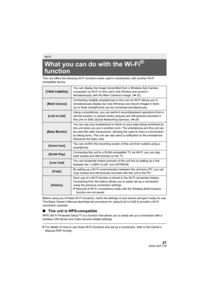 Page 2727(ENG) SQT1139
This unit offers the following Wi-Fi functions when used in combination with another Wi-Fi 
compatible device.
Before using any of these Wi-Fi functions, check the settings o f your device and get it ready for use.
This Basic Owner’s Manual describes the procedure for using [Li nk to Cell] to provide a Wi-Fi 
connection example.
∫ This unit is WPS-compatible
WPS (Wi-Fi Protected Setup™) is a function that allows you to e asily set up a connection with a 
wireless LAN device and make...