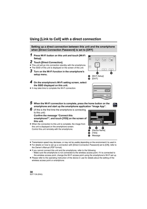 Page 3030SQT1139 (ENG)
Using [Link to Cell] with a direct connection
5When the Wi-Fi connection is complete, press the home button on the 
smartphone and start up the smartphone application “Image App”.  
≥Transmission speed may decrease, or may not be usable depending on the environment it is used in.≥For details on how to set up a connection with [Direct Connecti on Password] set to [ON], refer to 
the Owner’s Manual (PDF format).
≥If you cannot connect this unit and the smartphone, refer to th e following:
j...