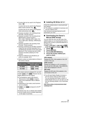 Page 99(ENG) SQT1139
≥Function that can be used for the Playback 
Mode: 
Function that can be used for the Playback 
Mode (motion pictures only): 
Function that can be used for the Playback 
Mode (still pictures only): 
≥ Scene(s) recorded in the recording format 
[AVCHD]: “AVCHD scene(s)”
≥ Scene(s) recorded in the recording format 
[MP4/iFrame], scene(s) saved in 
MP4 (1920 k1080/30p), MP4 (1280 k720/
30p) or MP4 (640 k360/30p): “MP4/iFrame 
scene(s)”
≥ Scene(s) recorded in the recording mode 
[iFrame]:...