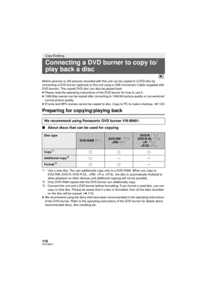 Page 110110VQT3W31
Motion pictures or still pictures recorded with this unit can be copied to a DVD disc by 
connecting a DVD burner (optional) to this unit using a USB Connection Cable (supplied with 
DVD burner). The copied DVD disc can also be played back.
≥Please read the operating instructions of the DVD burner for how to use it.
≥ 1080/60p scenes can be copied after converting to  1080/60i picture quality or conventional 
normal picture quality.
≥ iFrame and MP4 scenes cannot be copied to disc. Copy to PC...