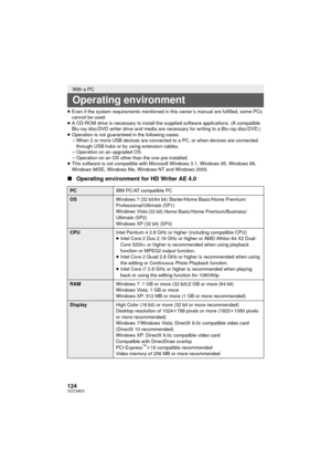 Page 124124VQT3W31
≥Even if the system  requirements mentioned in this owner’s manual are fulfilled, some PCs 
cannot be used.
≥ A CD-ROM drive is necessary to install the su pplied software applications. (A compatible 
Blu-ray disc/DVD writer drive and media are necessary for writing to a Blu-ray disc/DVD.)
≥ Operation is not guaranteed in the following cases.
jWhen 2 or more USB devices are connected to a PC, or when devices are connected 
through USB hubs or by using extension cables.
j Operation on an...