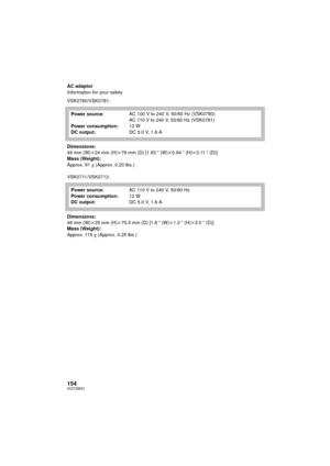 Page 154154VQT3W31
AC adaptor
Information for your safety
VSK0780/VSK0781:
Dimensions:
49 mm (W)k24 mm (H)k 79 mm (D) [1.93 q (W) k0.94 q (H) k3.11 q (D)]
Mass (Weight):
Approx. 91
g (Approx. 0.20 lbs.)
VSK0711/VSK0712:
Dimensions:
46 mm (W) k25 mm (H)k 75.5 mm (D) [1.8 q (W) k1.0 q (H)k 3.0q (D)]
Mass (Weight):
Approx. 115
g (Approx. 0.25 lbs.)
Power source:
Power consumption:
DC output:
AC 100 V to 240 V, 50/60 Hz (VSK0780)
AC 110 V to 240 V, 50/60 Hz (VSK0781)
12 W
DC 5.0V, 1.6A
Power source:
Power...